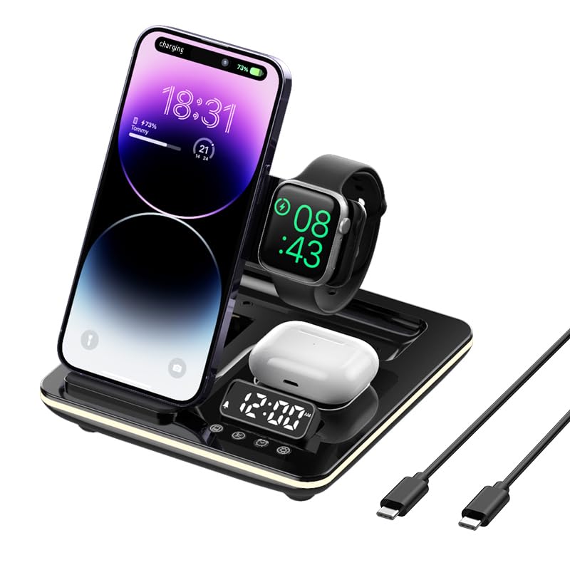 5-in-1 Magnetic Wireless Charging Station - Fast Charger Dock with Digital Clock & Nightlight