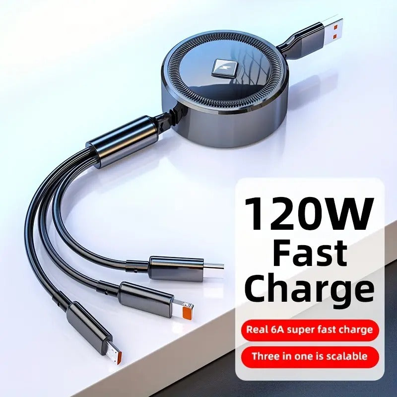 3-in-1 Retractable Fast Charging Cable 120W — Never Carry 3 Cables Again